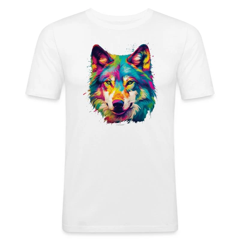 Loup multicolore — Portrait pop art — T-shirt près du corps Homme, blanc