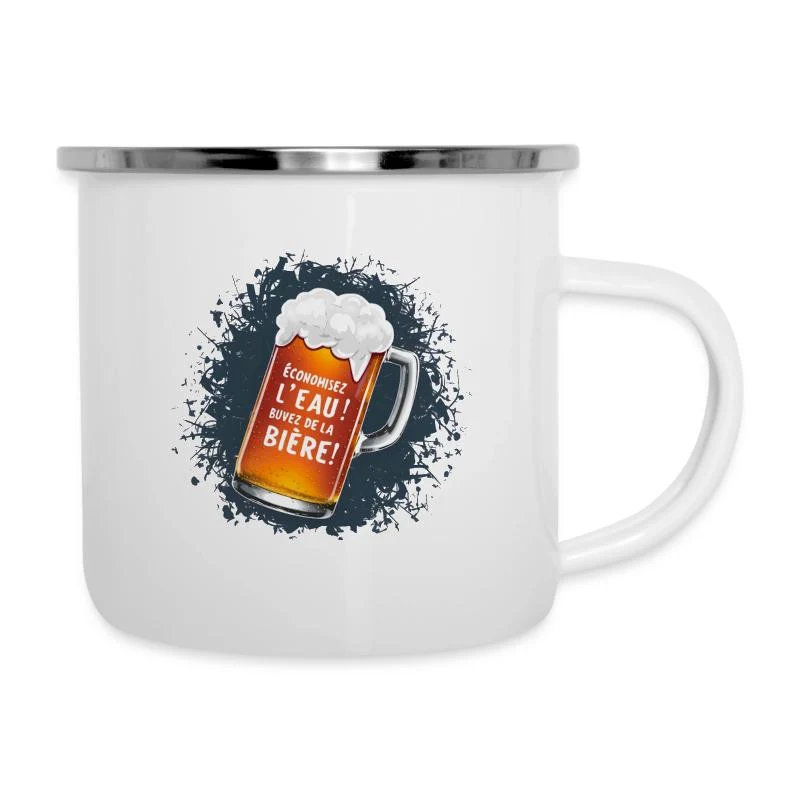 Économisez l’eau ! Buvez de la bière ! — Tasse émaillée, blanc
