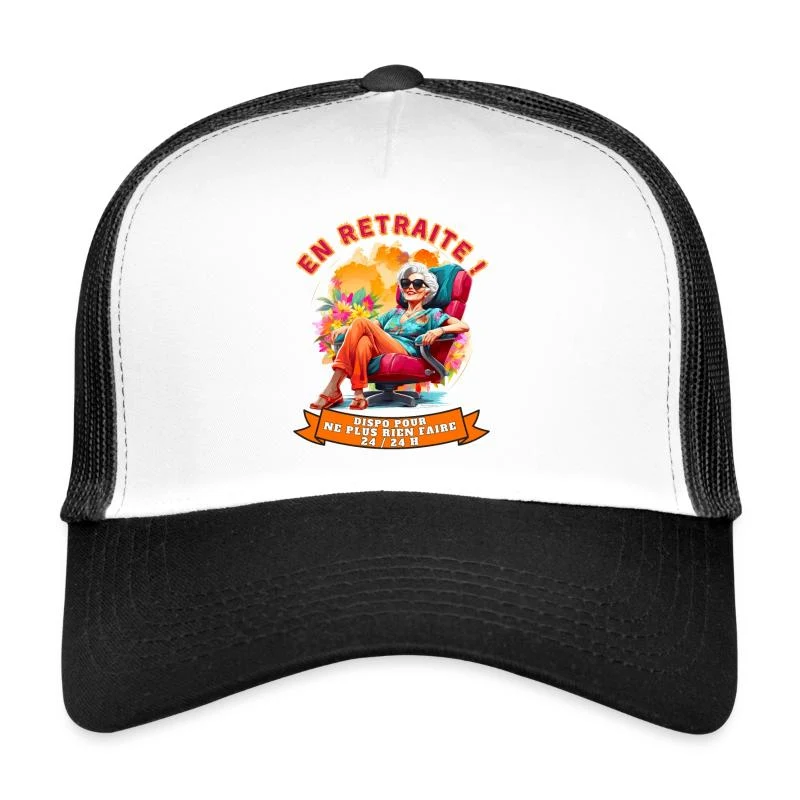 En retraite ! — Fauteuil rouge et soleil — Casquette trucker , blanc/noir