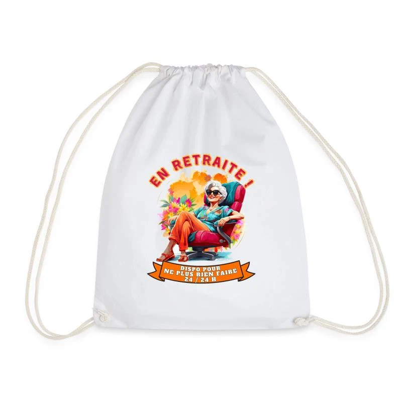 En retraite ! — Fauteuil rouge et soleil — Sac de sport léger, blanc