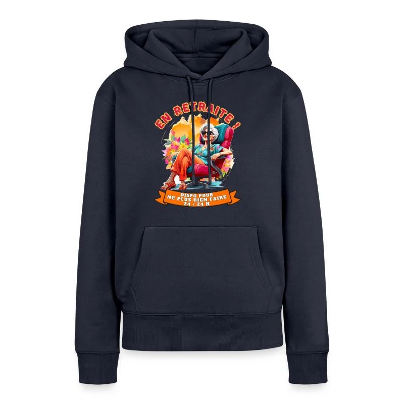 En retraite ! — Fauteuil rouge et soleil — Sweat à capuche Premium bio Femme, bleu marine