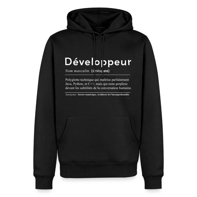 Développeur — Définition en lettres blanches — Sweat à capuche Premium bio Homme, noir