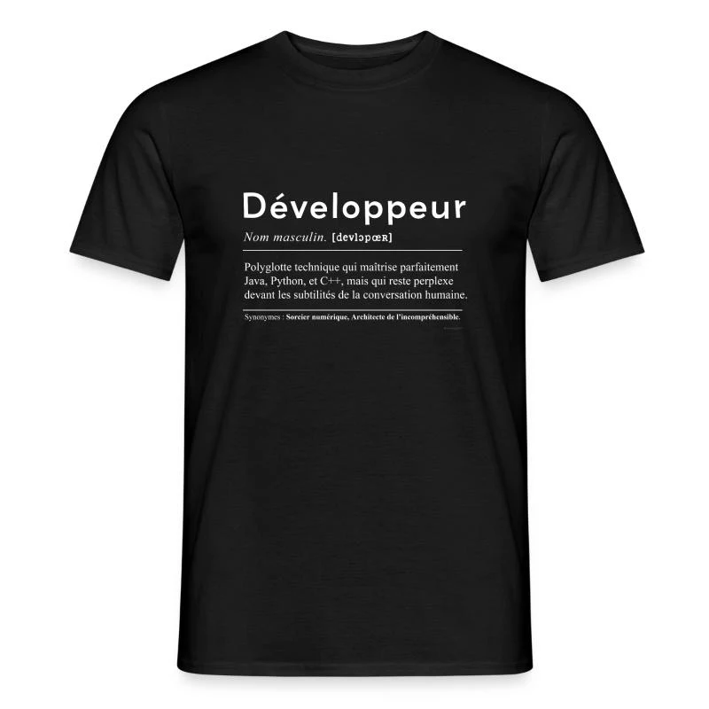 Développeur — Définition en lettres blanches — T-shirt homme, noir