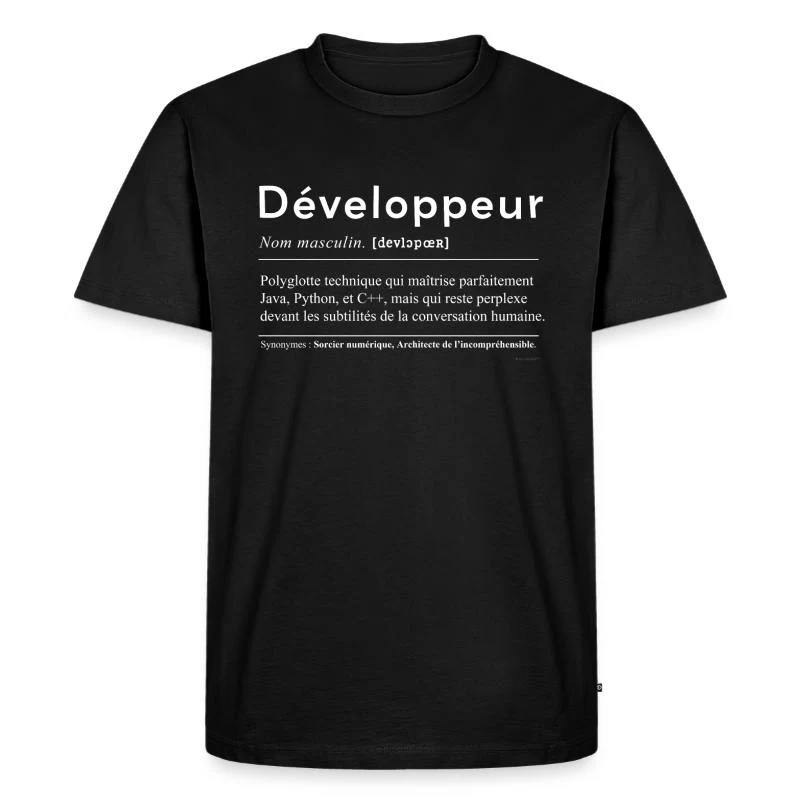 Développeur — Définition en lettres blanches — T-shirt Premium bio Homme, noir