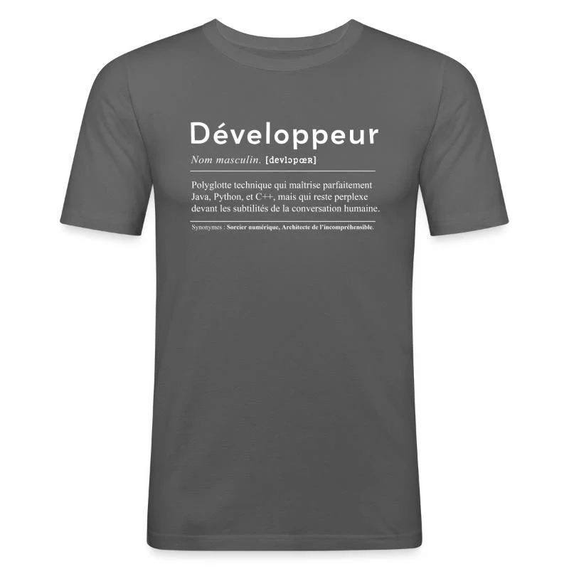 Développeur — Définition en lettres blanches — T-shirt près du corps Homme, gris graphite