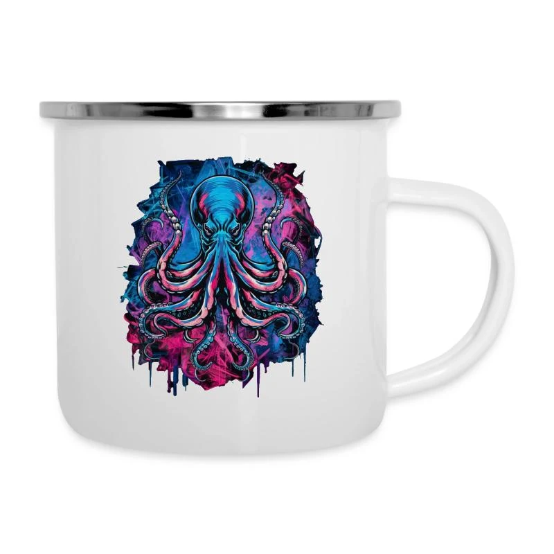 Pieuvre dark néon — Tasse émaillée, blanc