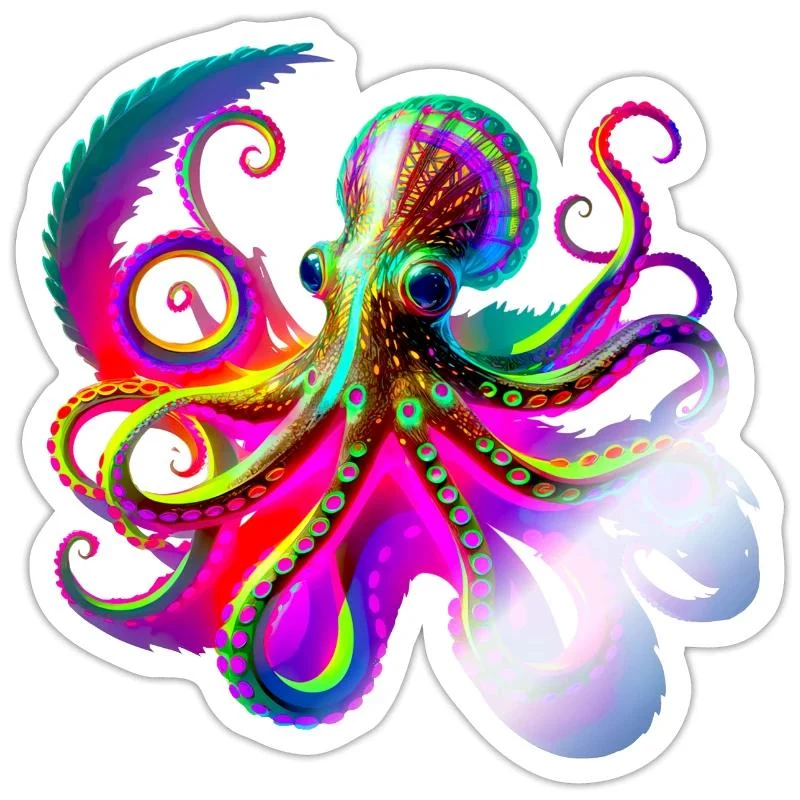 Pieuvre fluo psychédélique — Sticker taille S (10 x 10 cm), blanc brillant