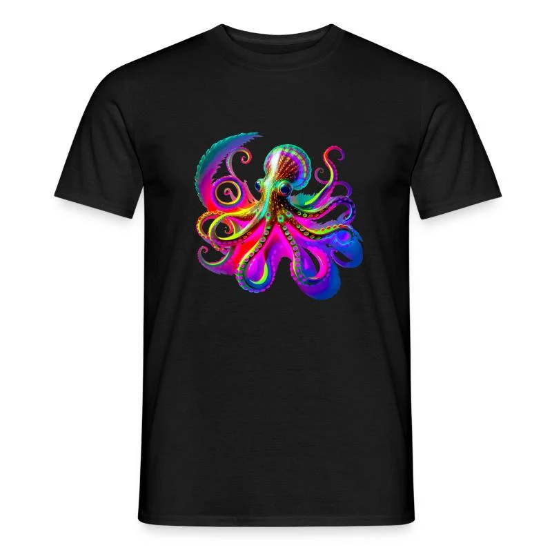 Pieuvre fluo psychédélique — T-shirt homme, noir