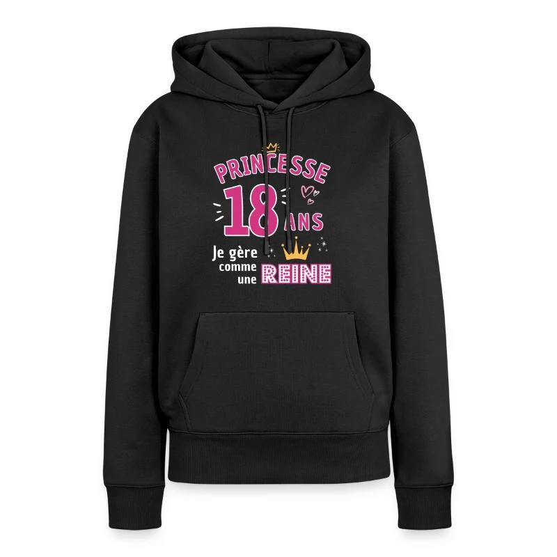 Princesse de 18 ans — Couronne rose — Sweat à capuche Premium bio Femme, noir
