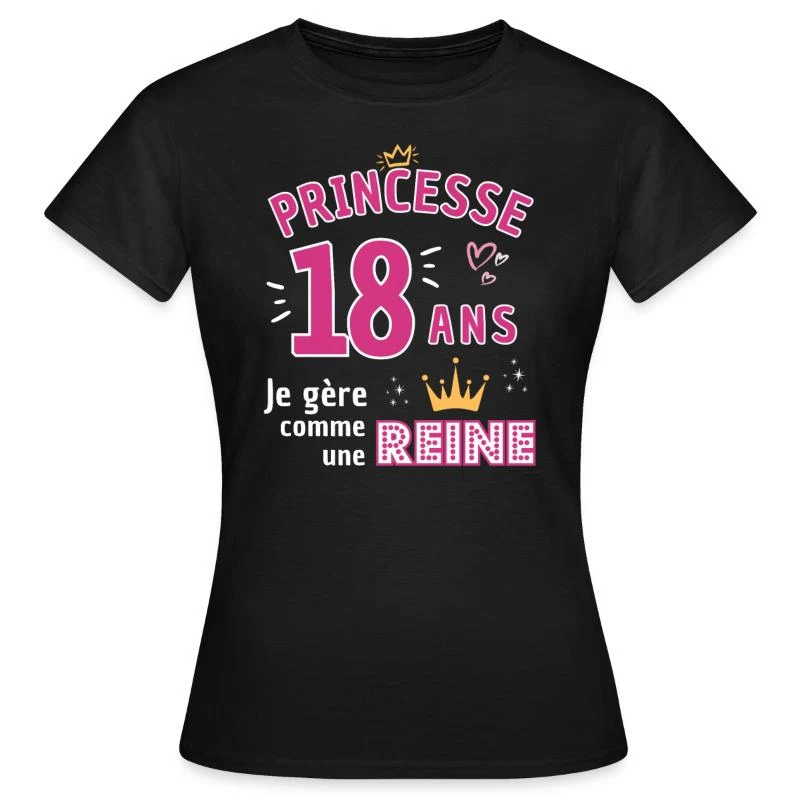 Princesse de 18 ans — Couronne rose — T-shirt Femme, noir