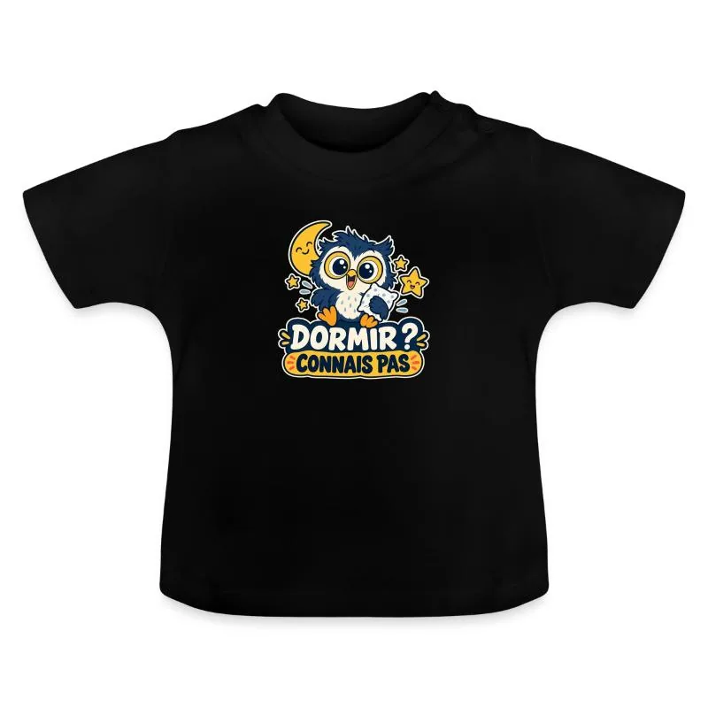 T-shirt bio col rond Bébé · noir — Dormir ? Connais pas – Bébé hibou