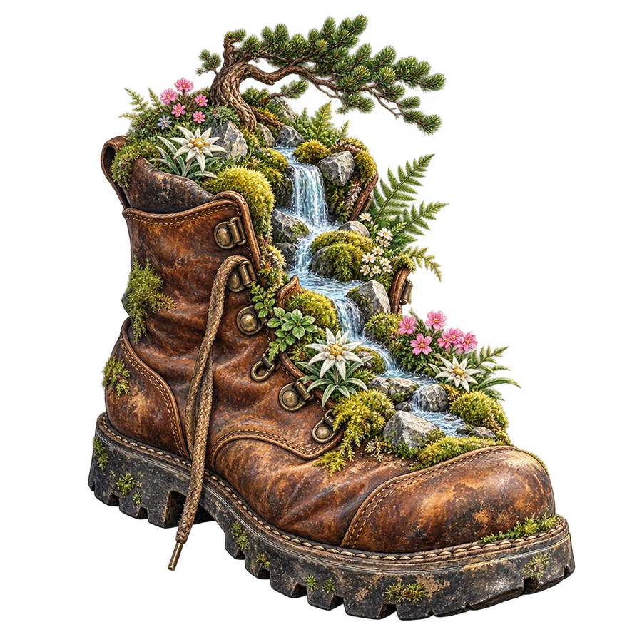 Chaussure de randonnée devenue jardin alpin