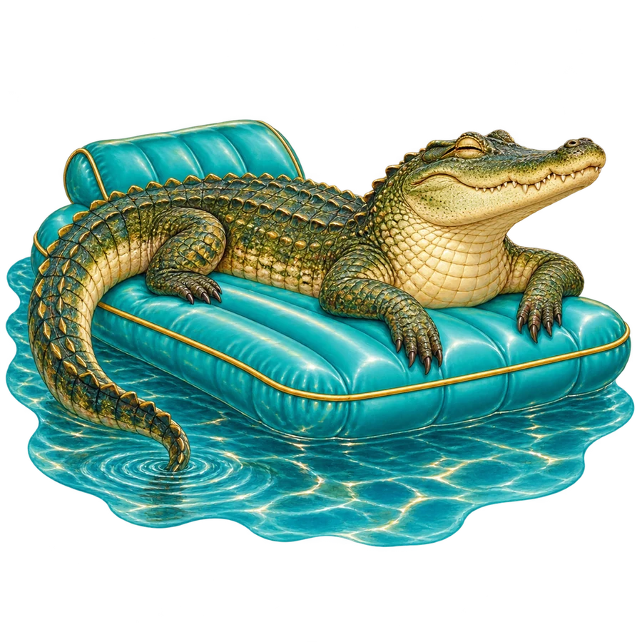 Crocodile en vacances sur son matelas gonflable