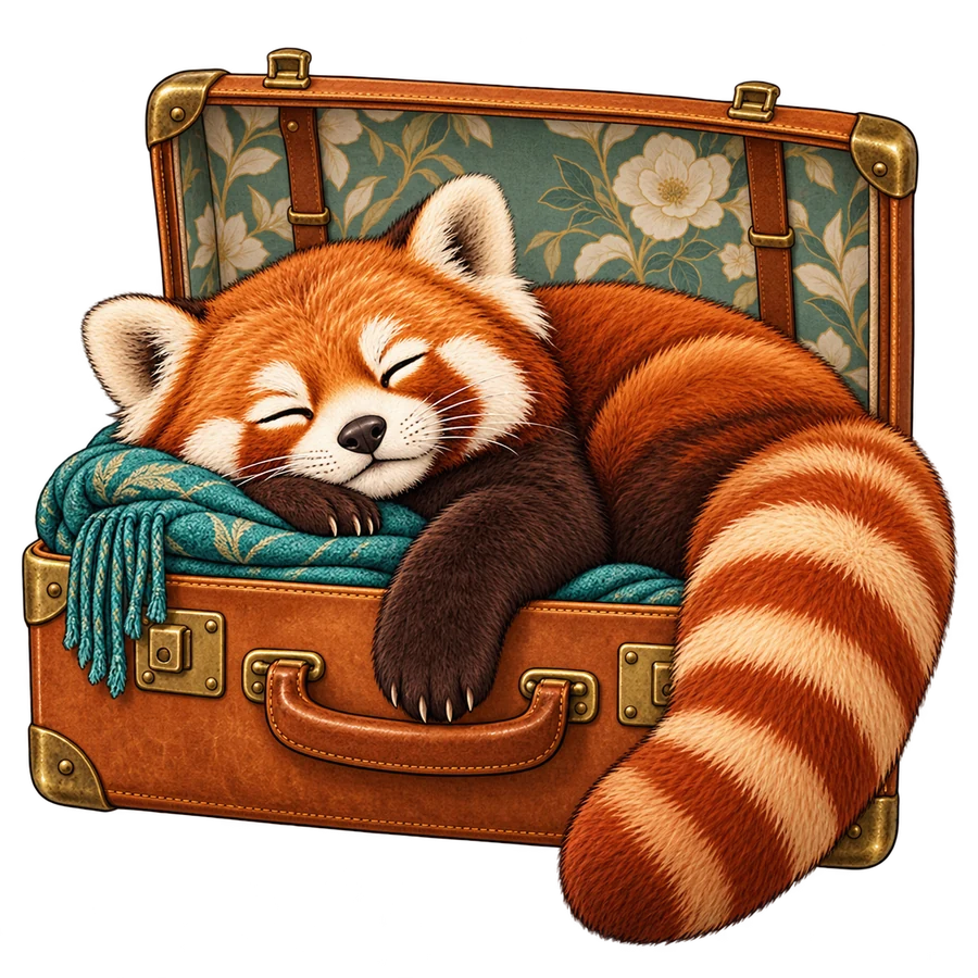 Panda roux endormi dans une valise