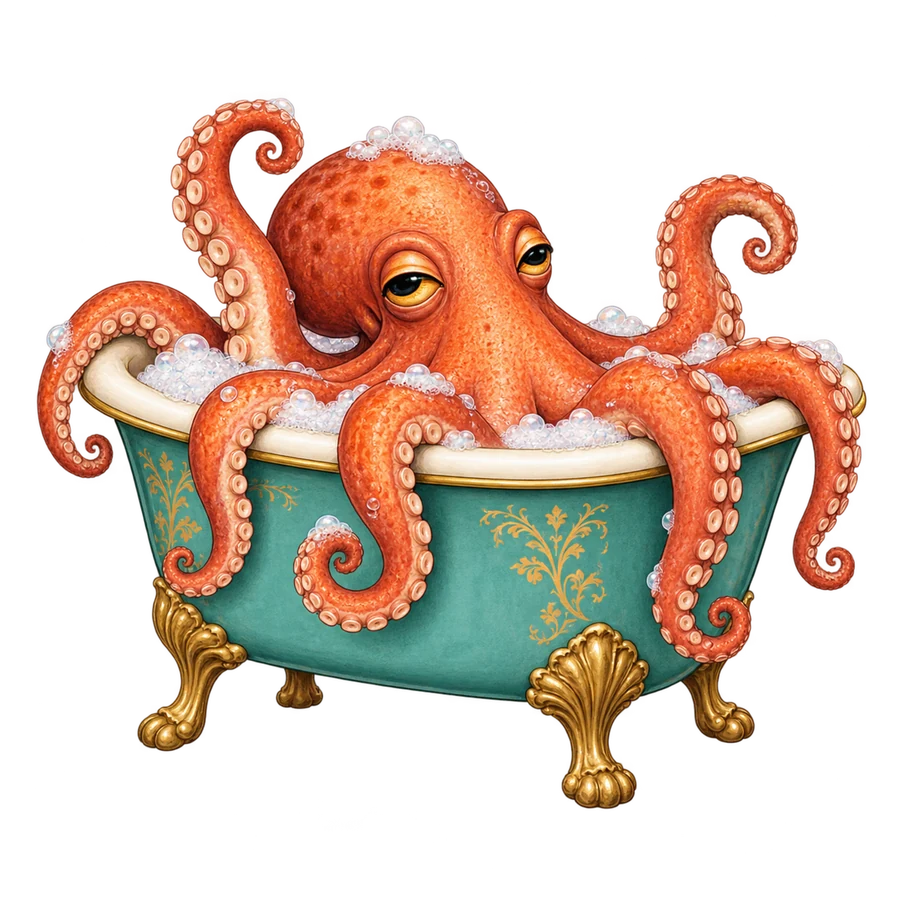 Pieuvre détendue dans une baignoire vintage