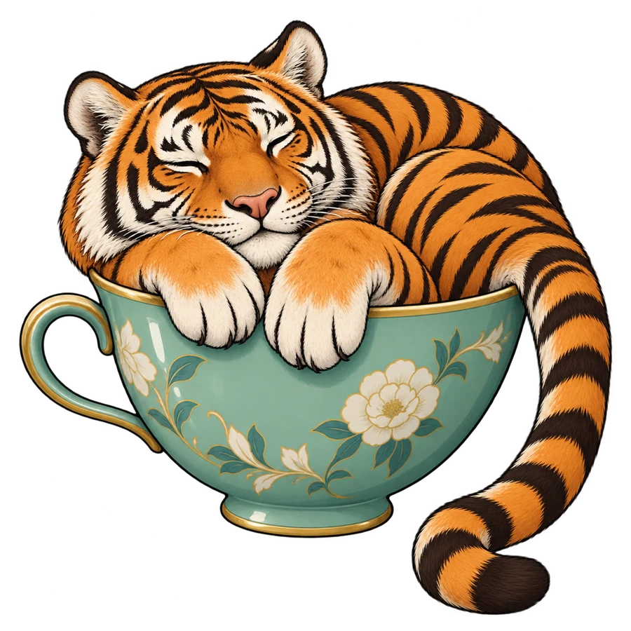 Tigre endormi dans une tasse fleurie