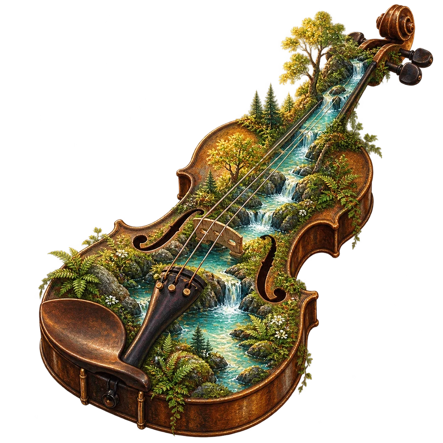Une rivière traverse un violon ancien