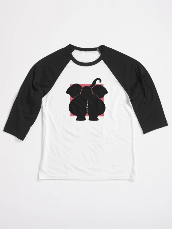 Éléphant de dos trop grand pour le cadre sur T-shirt baseball manches ¾ · Blanc / Noir