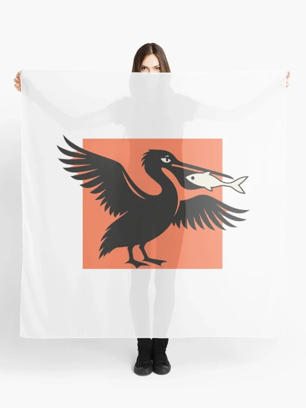 Pélican aux ailes et au repas encombrants sur Foulard