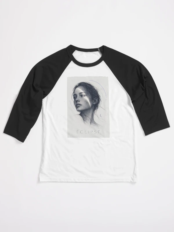 Éclipse — Portrait à l’encre et croissant de lumière sur T-shirt baseball manches ¾ · Blanc / Noir