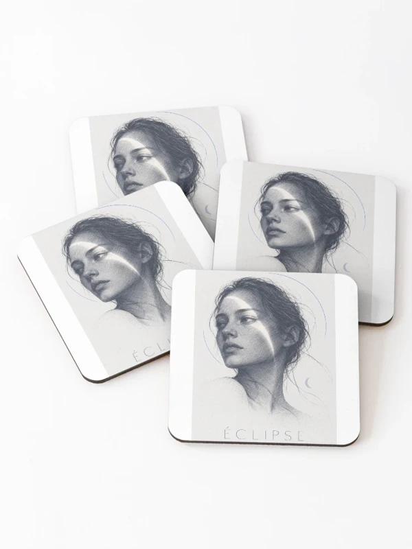 Éclipse — Portrait à l’encre et croissant de lumière sur Dessous de verre (lot de 4)