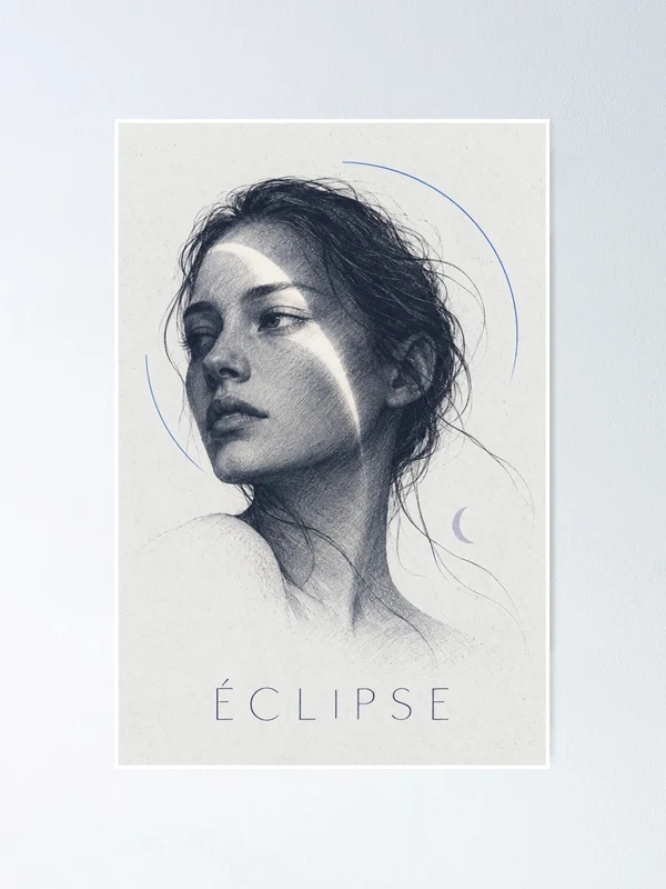 Éclipse — Portrait à l’encre et croissant de lumière sur Poster