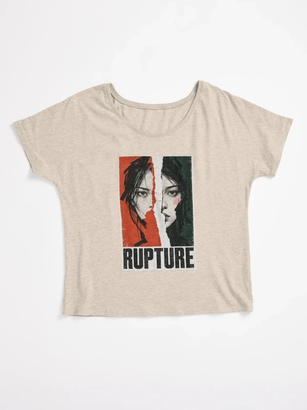 Rupture — Portrait déchiré, rouge et vert sombre sur T-shirt coupe relax · Crème
