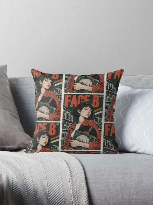 Face B — Portrait de disquaire au vinyle sur Coussin