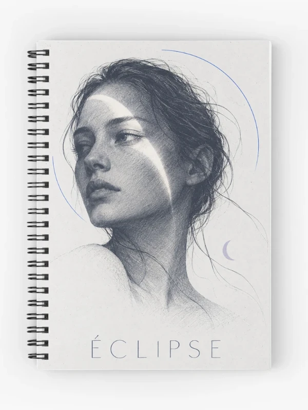 Éclipse — Portrait à l’encre et croissant de lumière sur Cahier à spirale
