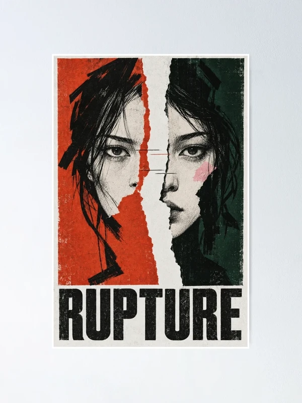 Rupture — Portrait déchiré, rouge et vert sombre sur Poster