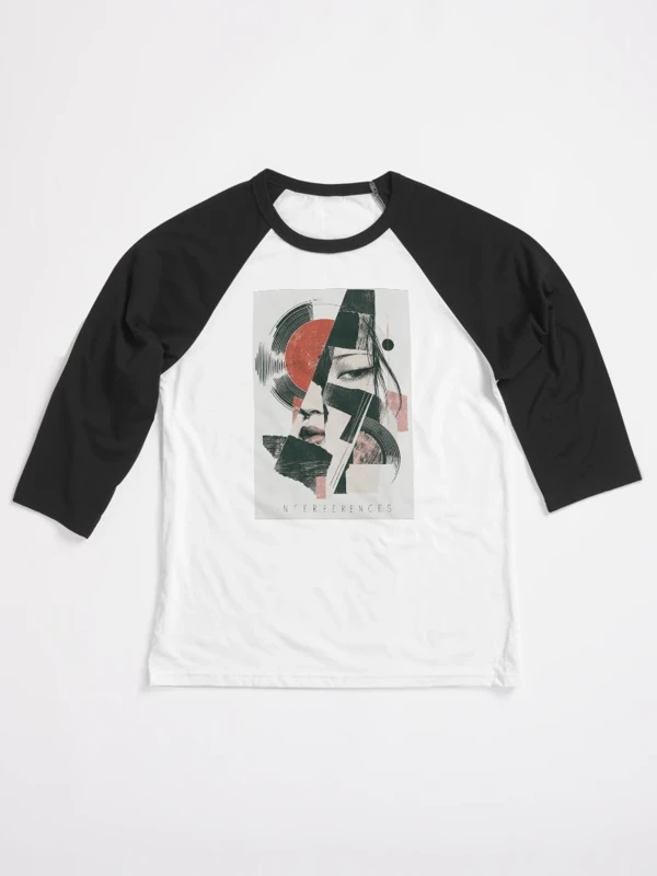 Interférences — Visage abstrait et sillons de vinyle sur T-shirt baseball manches ¾ · Blanc / Noir