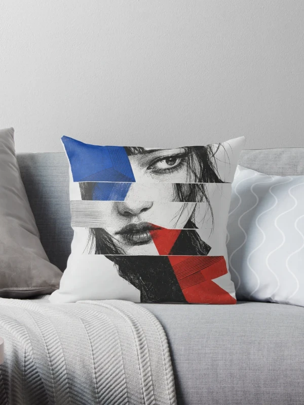 Dissonance — Visage fragmenté, bleu et vermillon sur Coussin