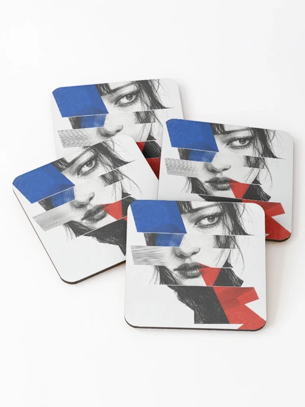 Dissonance — Visage fragmenté, bleu et vermillon sur Dessous de verre (lot de 4)