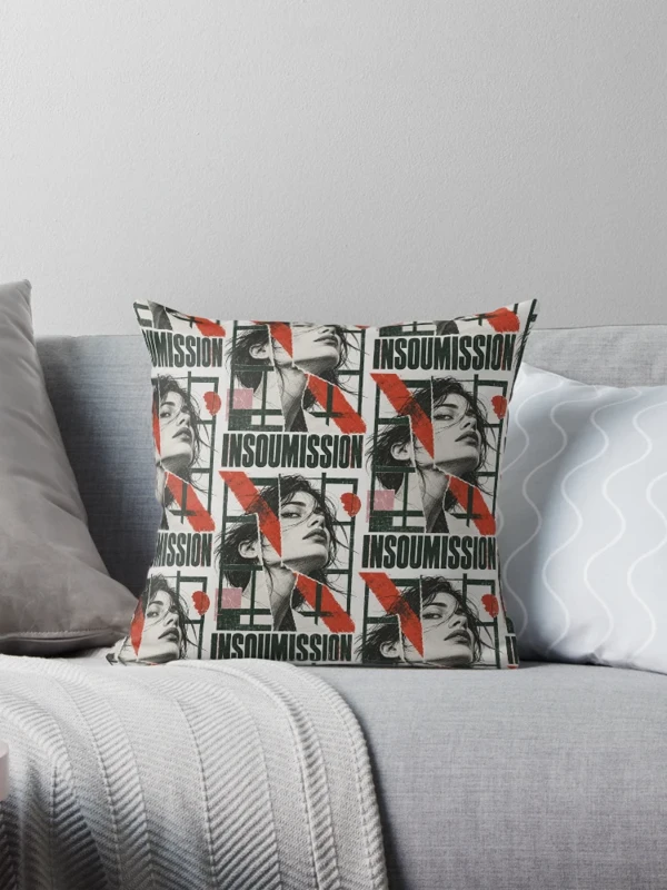 Insoumission — Portrait rebelle, rouge et vert sur Coussin