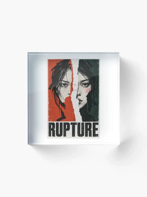 Rupture — Portrait déchiré, rouge et vert sombre sur Bloc acrylique