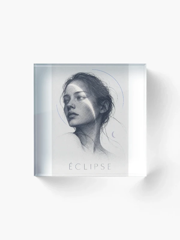 Éclipse — Portrait à l’encre et croissant de lumière sur Bloc acrylique