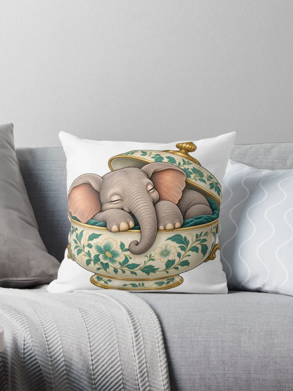 Éléphanteau assoupi dans une soupière fleurie sur Coussin