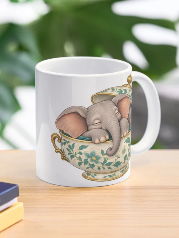 Éléphanteau assoupi dans une soupière fleurie sur Mug classique