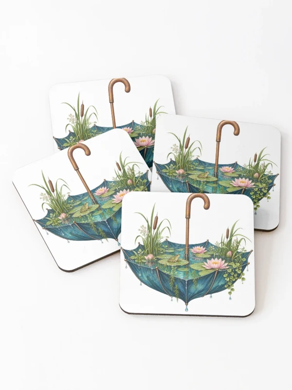 Parapluie transformé en bassin aux nénuphars sur Dessous de verre (lot de 4)