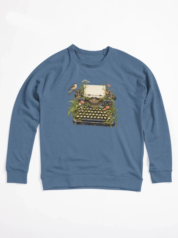 Machine à écrire envahie de fleurs sauvages sur Sweatshirt léger · Bleu roi chiné