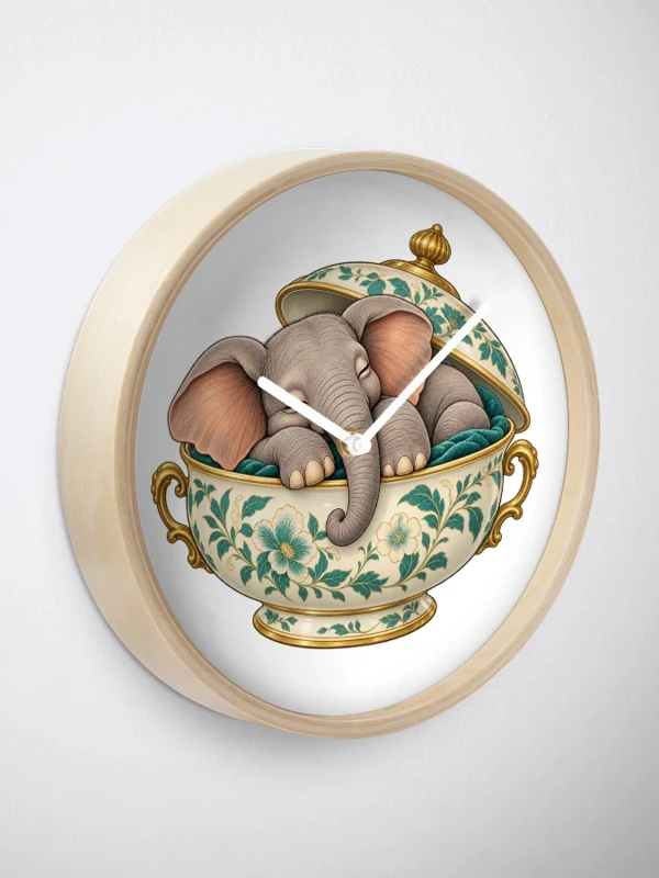 Éléphanteau assoupi dans une soupière fleurie sur Horloge · Bambou naturel