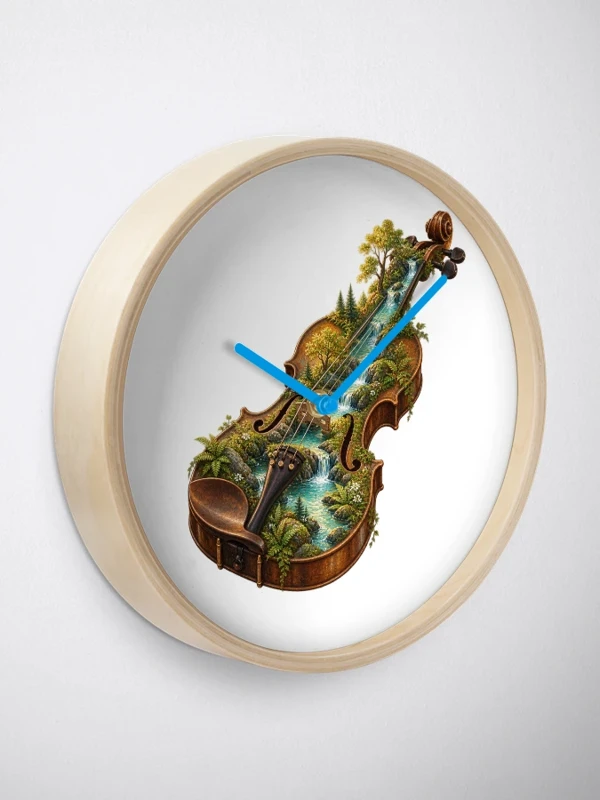 Une rivière traverse un violon ancien sur Horloge · Bambou naturel