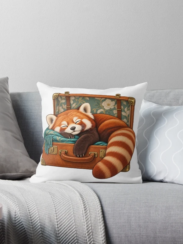 Panda roux endormi dans une valise sur Coussin