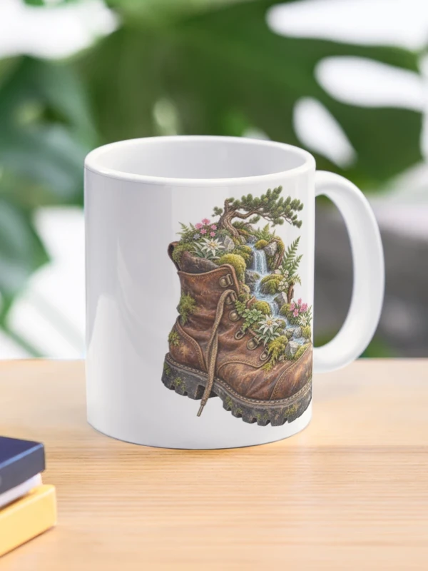 Chaussure de randonnée devenue jardin alpin sur Mug classique