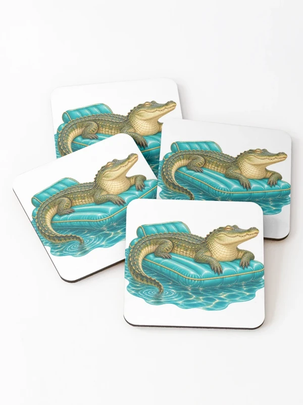 Crocodile en vacances sur son matelas gonflable sur Dessous de verre (lot de 4)