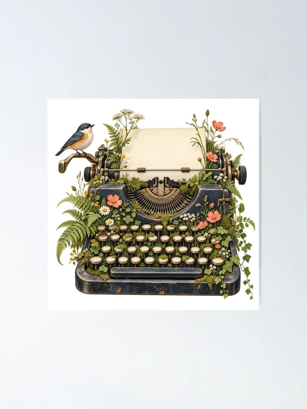 Machine à écrire envahie de fleurs sauvages sur Poster