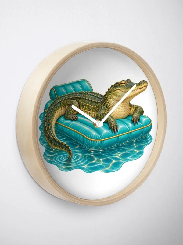 Crocodile en vacances sur son matelas gonflable sur Horloge · Bambou naturel
