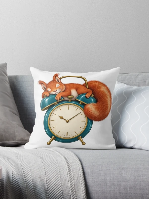 Écureuil endormi sur un réveil ancien sur Coussin