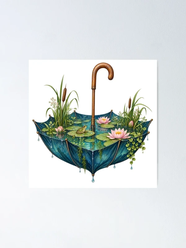 Parapluie transformé en bassin aux nénuphars sur Poster
