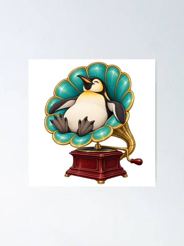 Manchot détendu dans un gramophone ancien sur Poster
